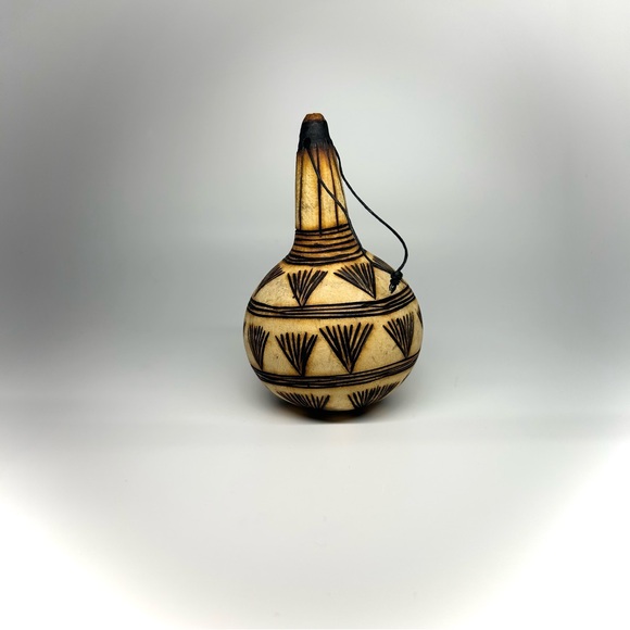 African Tribal Gourd Shaker Burned Design Hanging Decor Christmas Tree Ornament - Picture 2 of 4